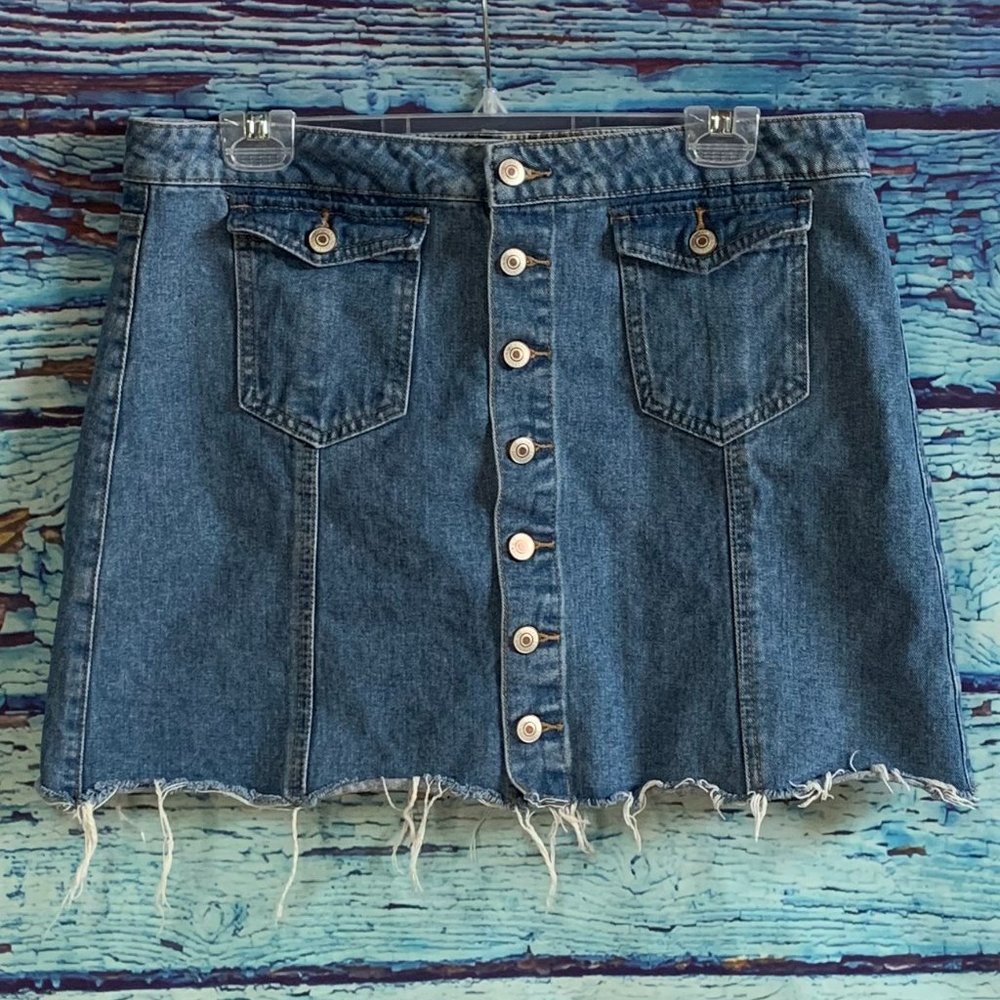 Dex Button Front Distressed Denim Mini Skirt